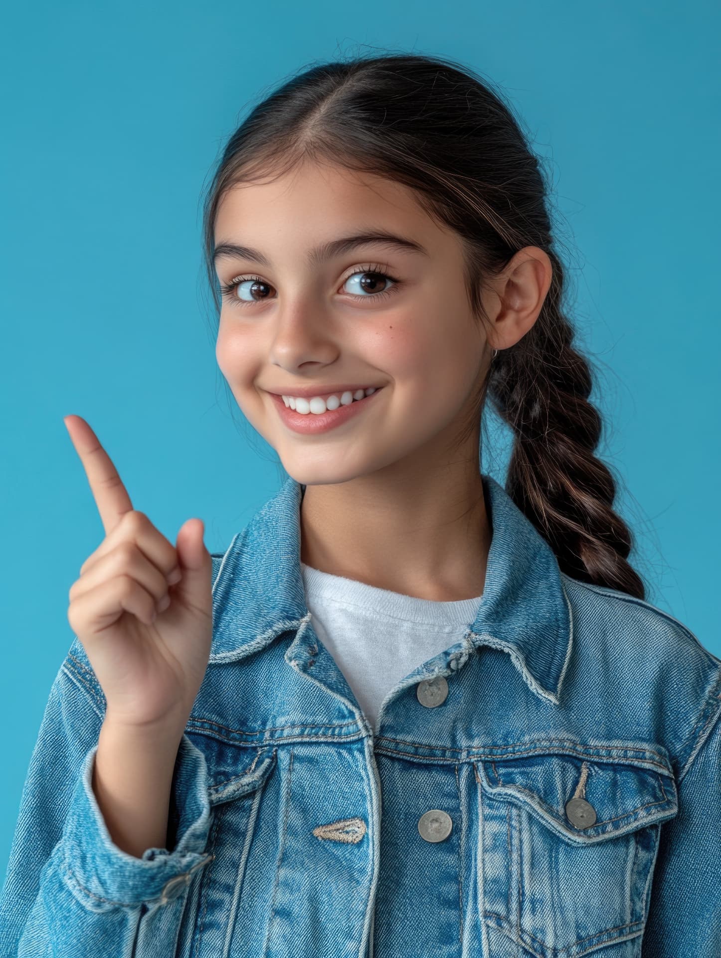 Adolescente sorrindo e apontando para cima, transmitindo confiança após o tratamento ortodôntico.